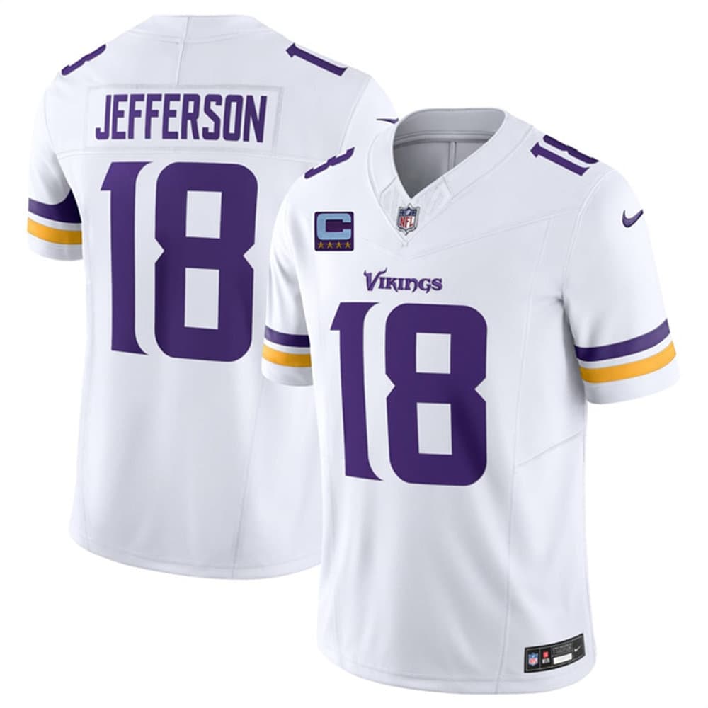 Youth Minnesota Vikings #18 Justin Jefferson White 2026 With 4-star C Patch And John Madden Patch Vapor F.U.S.E. Limited Jersey