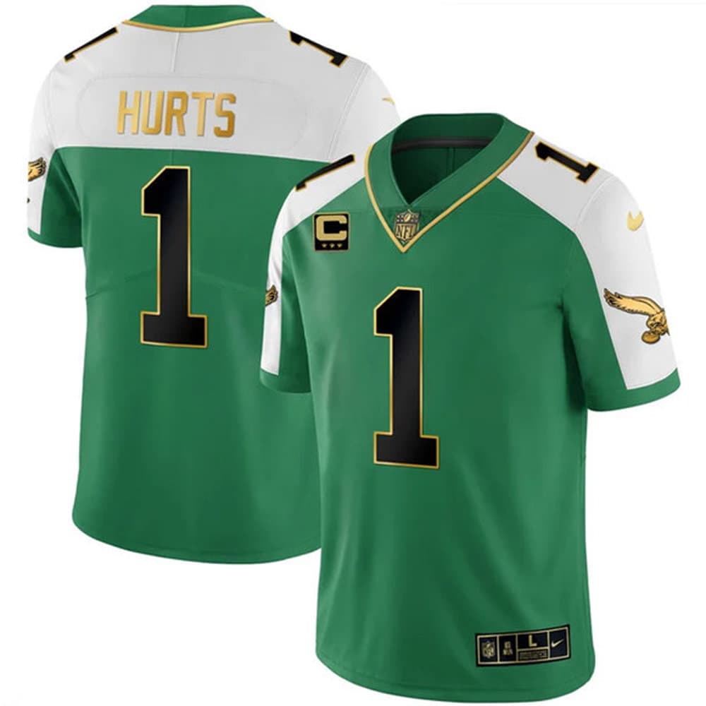 Youth Philadelphia Eagles #1 Jalen Hurts Kelly Green Alternate Gold With 3-Star C Patch Vapor Limited Jersey