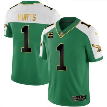 Men's Philadelphia Eagles #1 Jalen Hurts Kelly Green Alternate Gold With 3-Star C Patch Vapor Limited Jersey