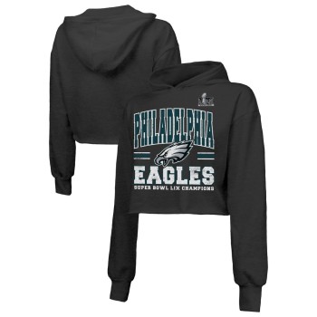 Women's Philadelphia Eagles  Threads Black Super Bowl LIX Champions Fair Catch Tri-Blend Cropped Pullover Hoodie
