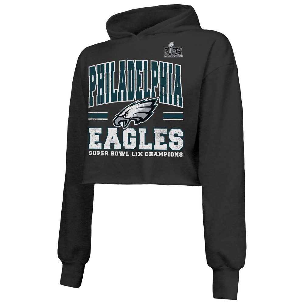 Women's Philadelphia Eagles  Threads Black Super Bowl LIX Champions Fair Catch Tri-Blend Cropped Pullover Hoodie