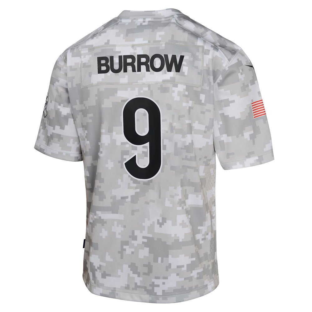 Youth Cincinnati Bengals Joe Burrow Arctic Camo 2024 Salute to Service Game Jersey