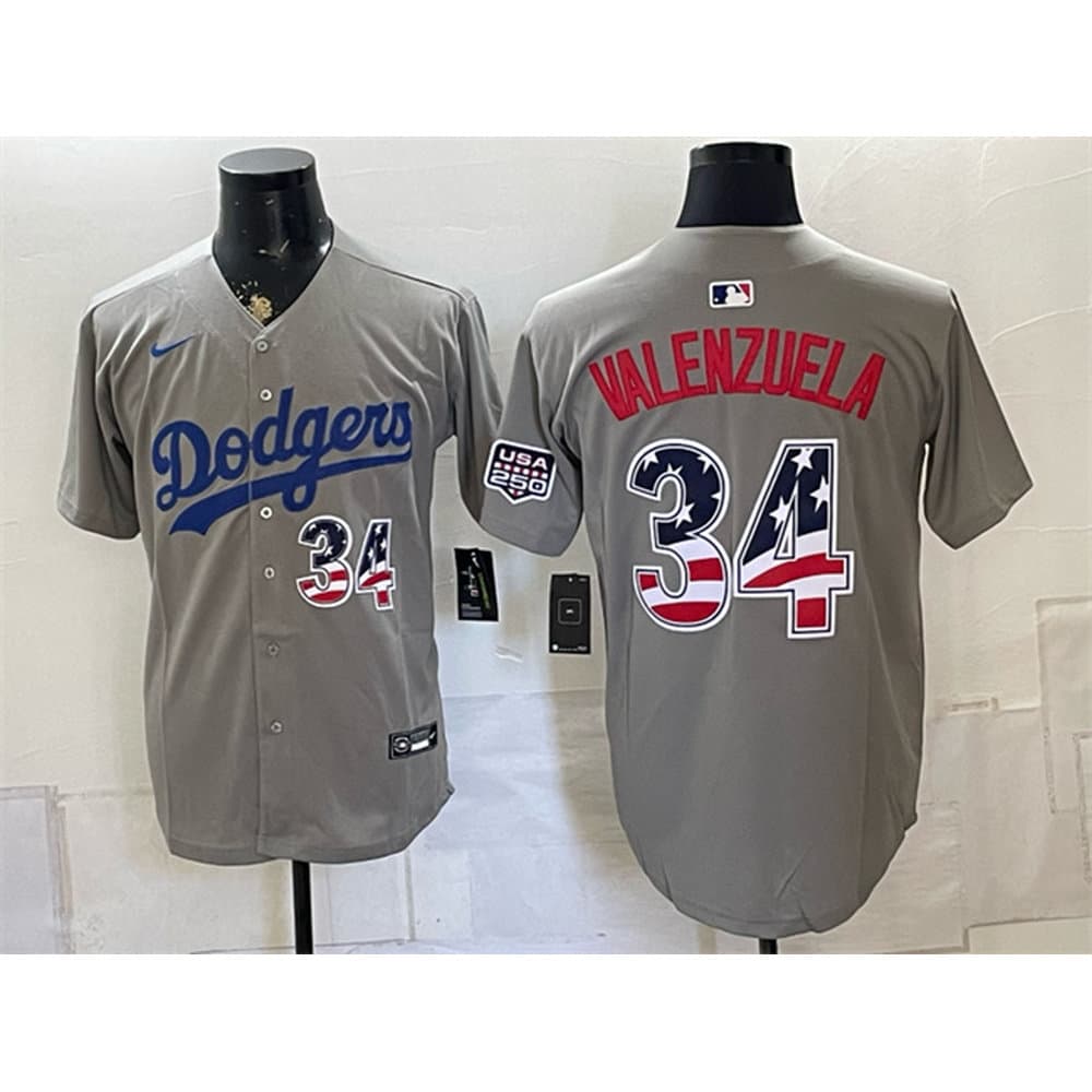 Men's Los Angeles Dodgers #34 Fernando Valenzuela Gray USA 250 Fourth of July Jersey