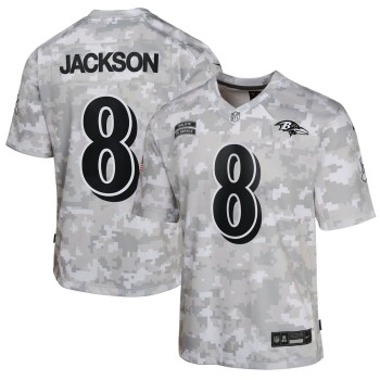 Youth Baltimore Ravens Lamar Jackson Arctic Camo 2024 Salute to Service Game Jersey