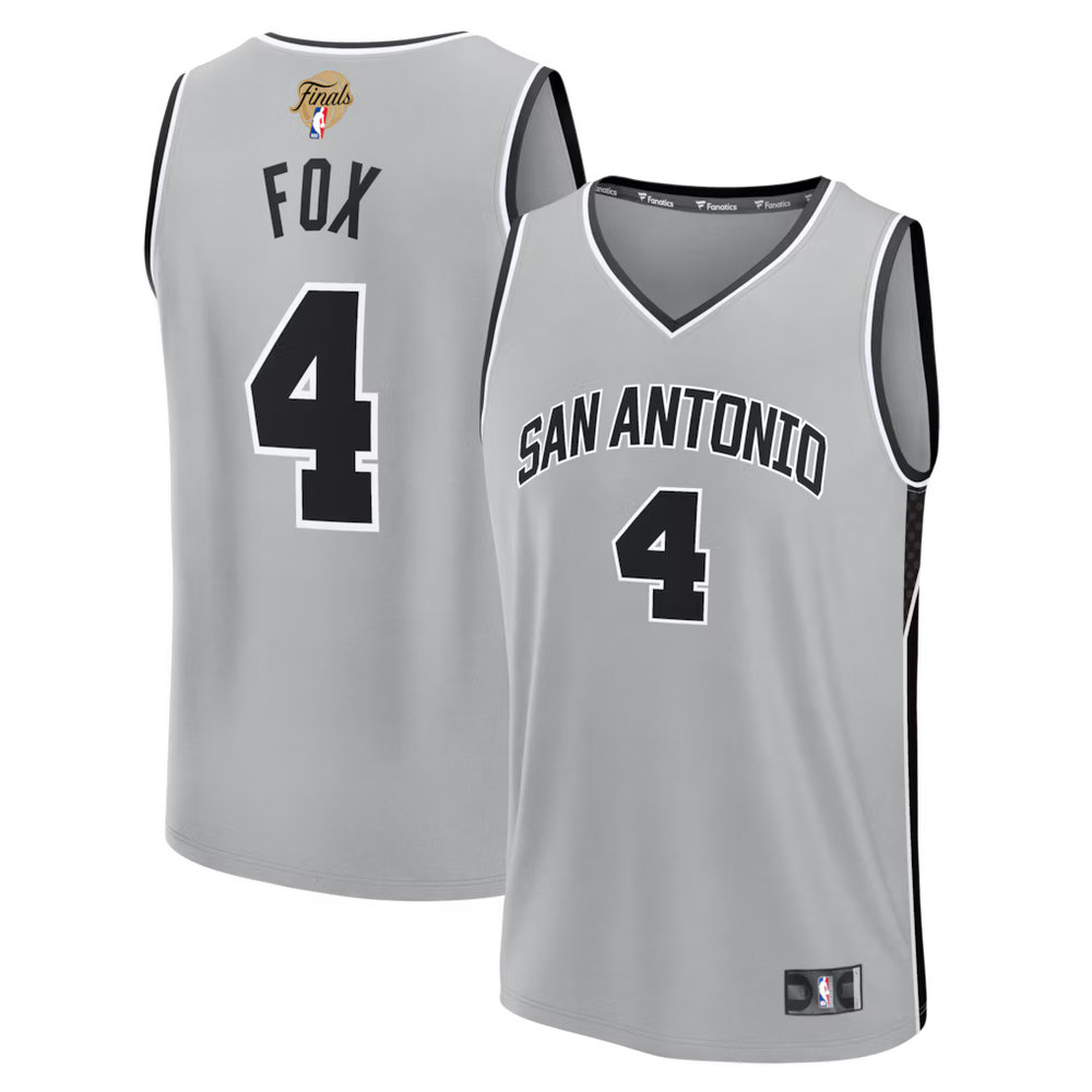 Men's San Antonio Spurs #4 De'Aaron Fox Silver 2026 NBA Finals Patch Fast Break Statement Edition Jersey