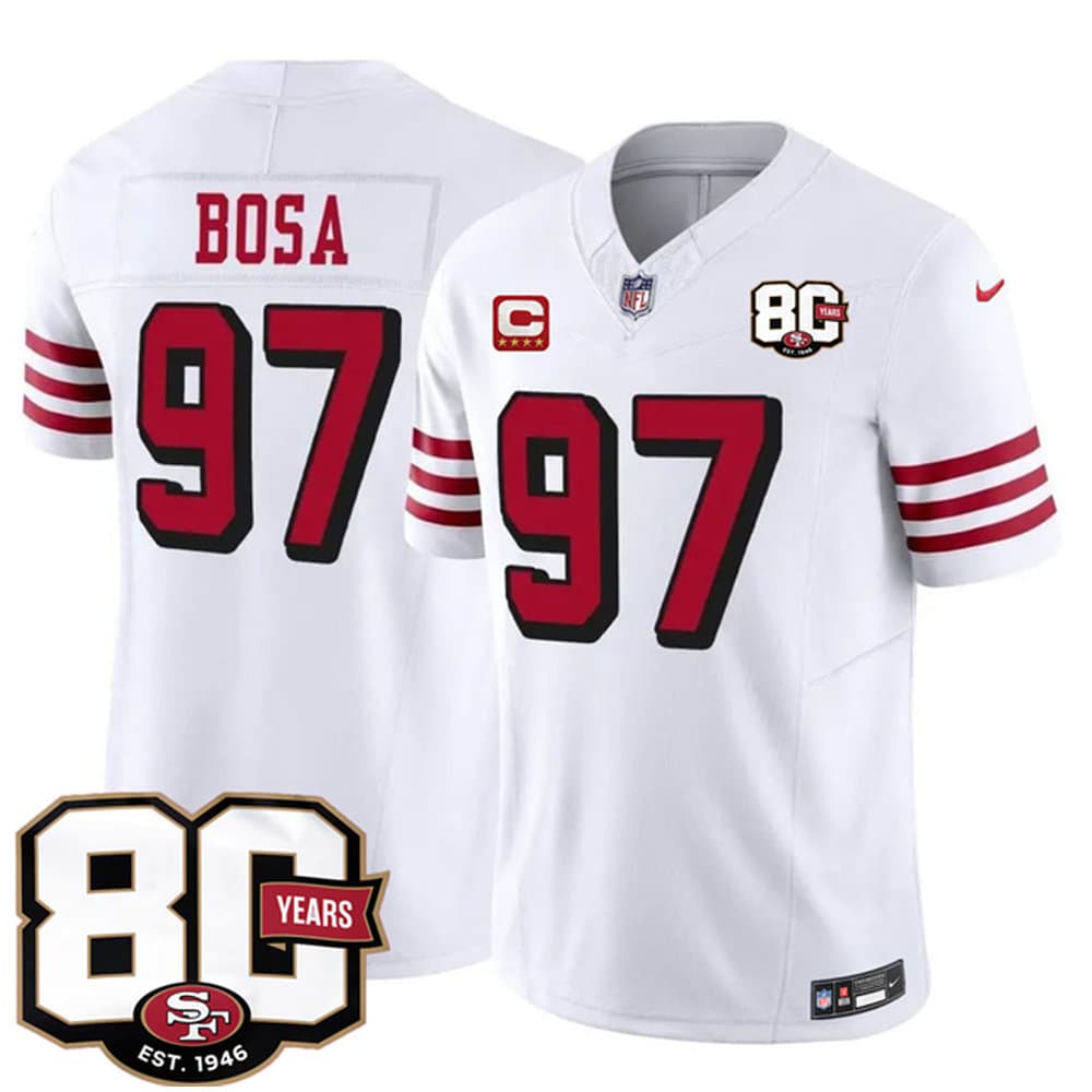 Men's San Francisco 49ers #97 Nick Bosa New White 2026 With 80th Anniversary & 4-Star C Patch Vapor F.U.S.E. Untouchabl Limited Jersey