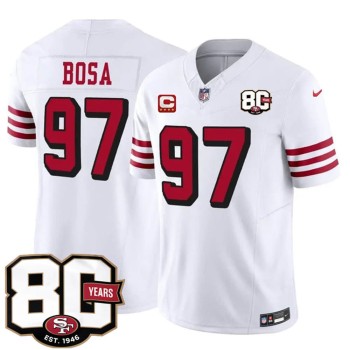 Men's San Francisco 49ers #97 Nick Bosa New White 2026 With 80th Anniversary & 4-Star C Patch Vapor F.U.S.E. Untouchabl Limited Jersey