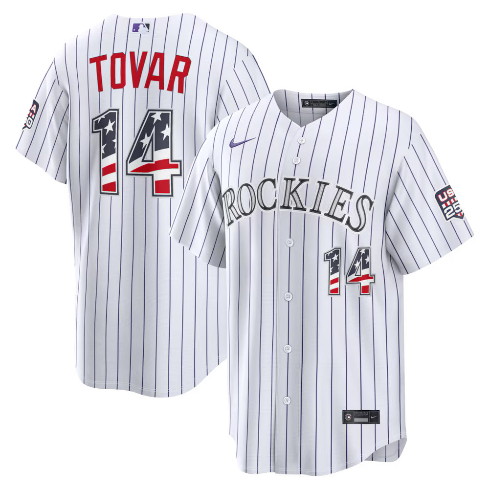Men's Colorado Rockies #14 Ezequiel Tovar Nike White USA 250 Fourth of July Home Stadium Jersey Men's Colorado Rockies #14 Ezequiel Tovar Nike White USA 250 Fourth of July Home Stadium Jersey