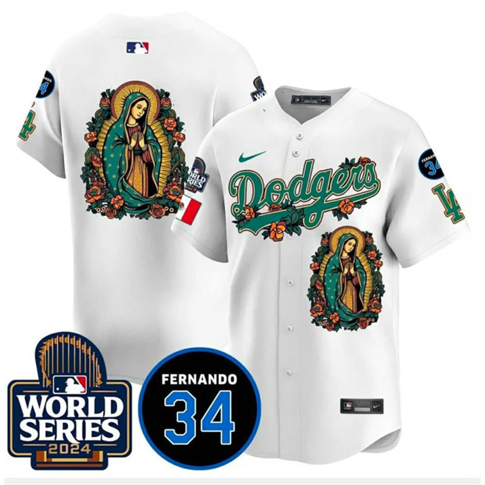 Men's Los Angeles Dodgers White Guadalupe - Fernando Valenzuela Memorial 2024 World Series Patch Jersey Men's Los Angeles Dodgers White Guadalupe - Fernando Valenzuela Memorial 2024 World Series Patch Jersey