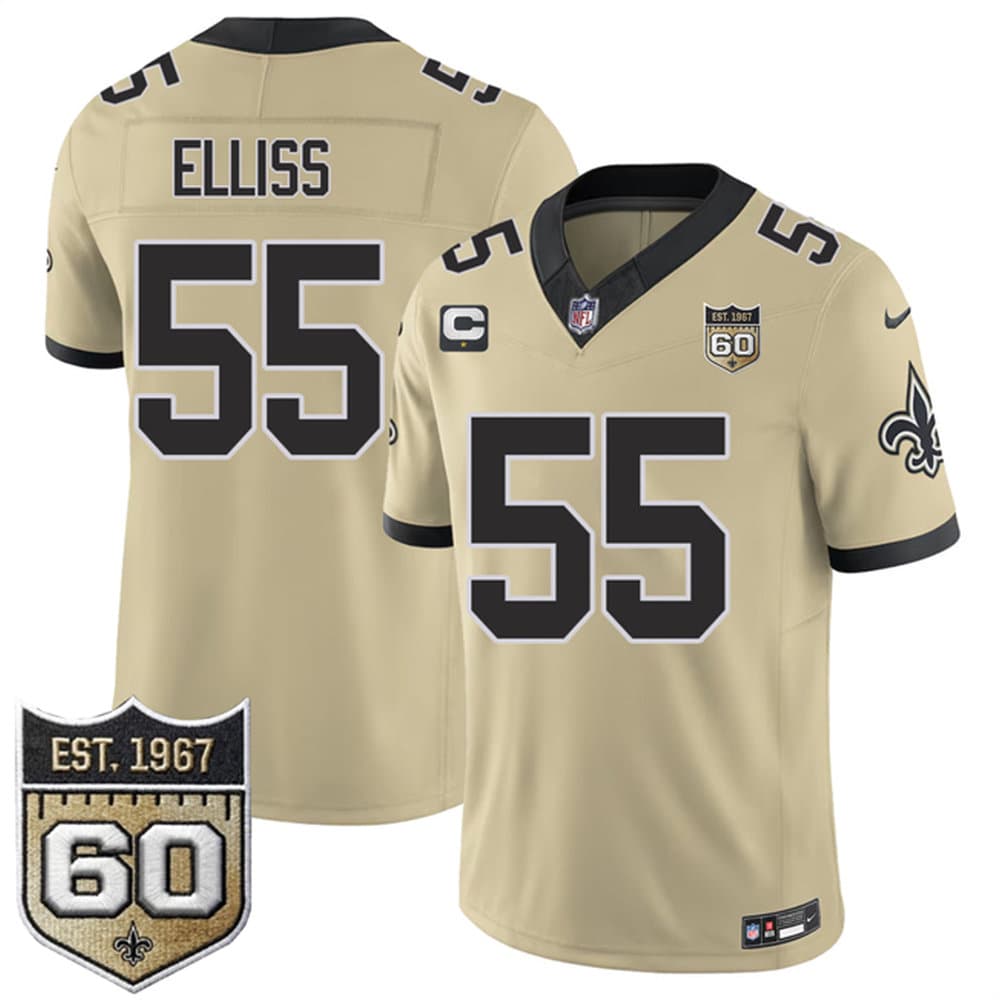 Men's New Orleans Saints #55 Kaden Elliss Gold 2026 With 1-Star C Patch And 60th Anniversary Patch Vapor F.U.S.E Limited Jersey