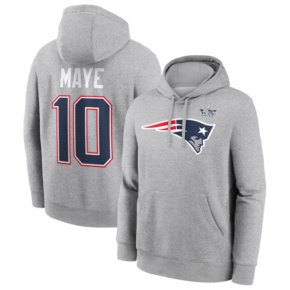 Men's New England Patriots #10 Drake Maye Heather Gray Super Bowl LX Patch Name & Number Hoodie Men's New England Patriots #10 Drake Maye Heather Gray Super Bowl LX Patch Name & Number Hoodie