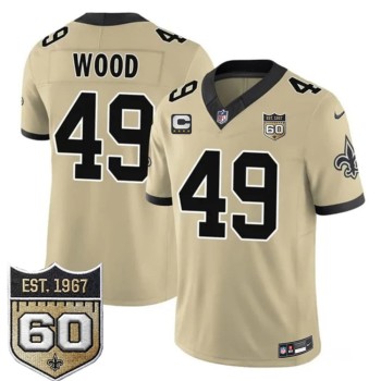 Men's New Orleans Saints #49 Zach Wood Gold 2026 With 4-Star C Patch And 60th Anniversary Patch Vapor F.U.S.E Limited Jersey Men's New Orleans Saints #49 Zach Wood Gold 2026 With 4-Star C Patch And 60th Anniversary Patch Vapor F.U.S.E Limited Jersey