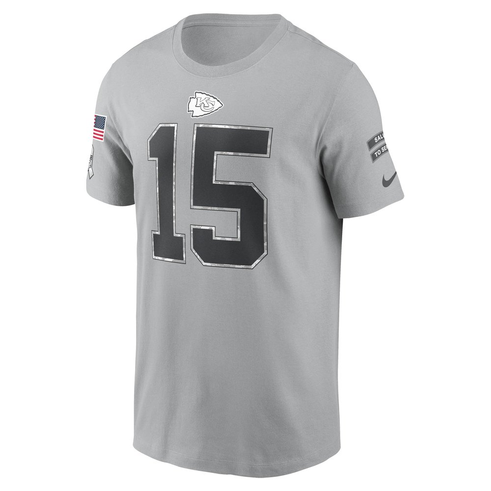 Men's Kansas City Chiefs #15 Patrick Mahomes Gray 2024 Salute To Service Name & Number T-Shirt Men's Kansas City Chiefs #15 Patrick Mahomes Gray 2024 Salute To Service Name & Number T-Shirt