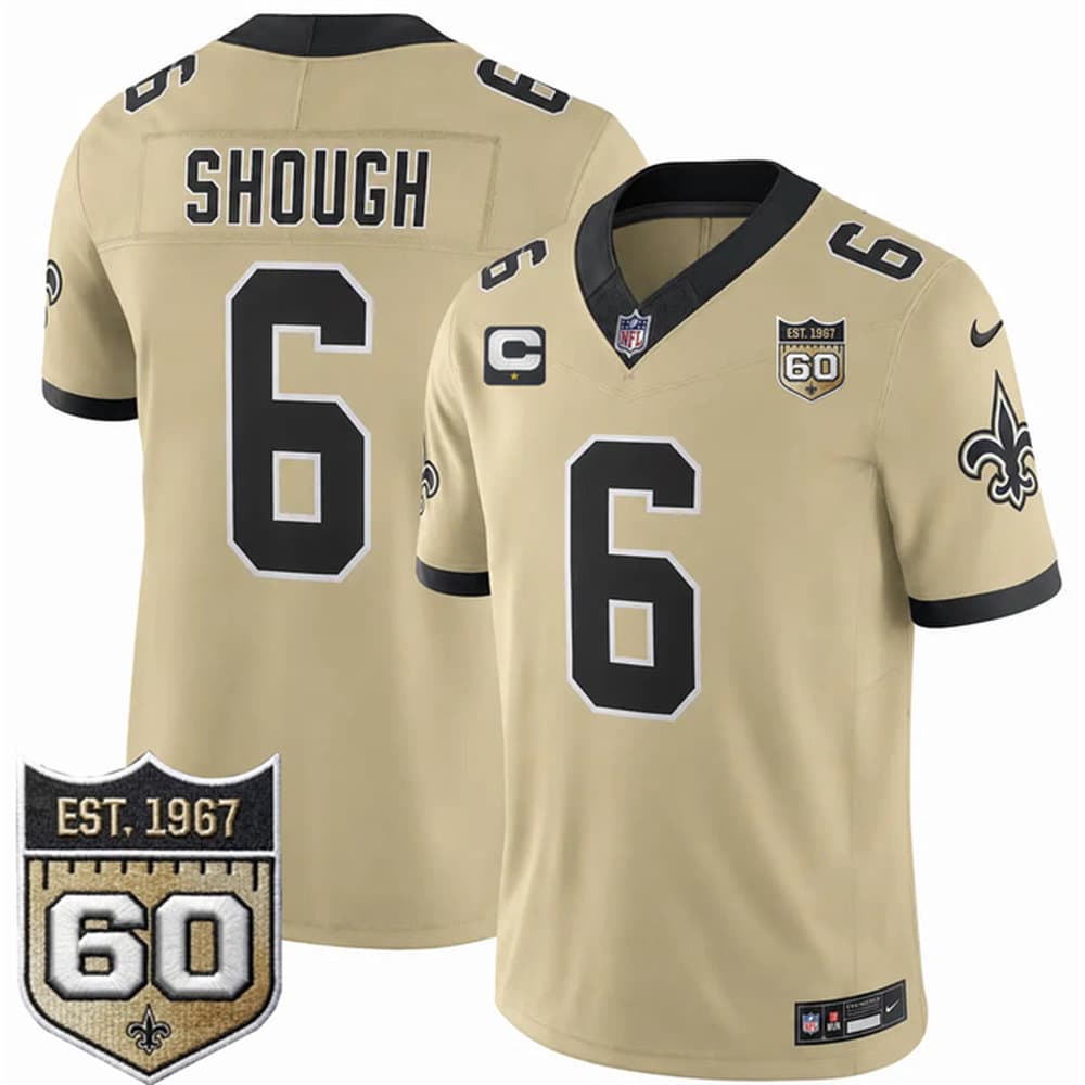 Men's New Orleans Saints #6 Tyler Shough Gold 2026 With 1-Star C Patch And 60th Anniversary Patch Vapor F.U.S.E Limited Jersey Men's New Orleans Saints #6 Tyler Shough Gold 2026 With 1-Star C Patch And 60th Anniversary Patch Vapor F.U.S.E Limited Jersey