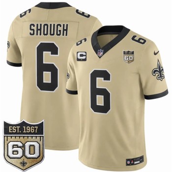 Men's New Orleans Saints #6 Tyler Shough Gold 2026 With 1-Star C Patch And 60th Anniversary Patch Vapor F.U.S.E Limited Jersey