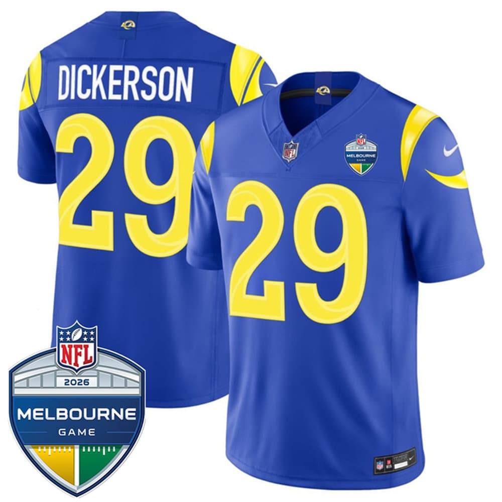 Men's Los Angeles Rams #29 Eric Dickerson Royal 2026 Melbourne Game Patch Vapor F.U.S.E. Limited Jersey