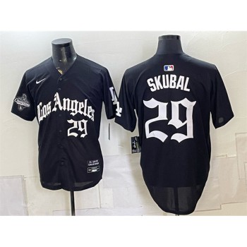 Youth Los Angeles Dodgers #29 Tarik Skubal Black LA Gothic Style 2025 World Series Champions Patch Limited Jersey