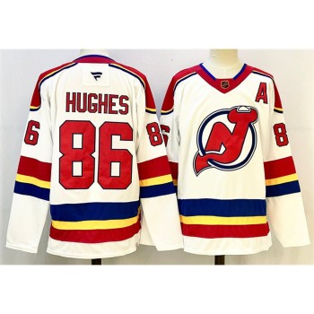 Men's New Jersey Devils #86 Jack Hughes White/Red 2024-25 With A Patch Stitched Hockey Premium Jersey Men's New Jersey Devils #86 Jack Hughes White/Red 2024-25 With A Patch Stitched Hockey Premium Jersey