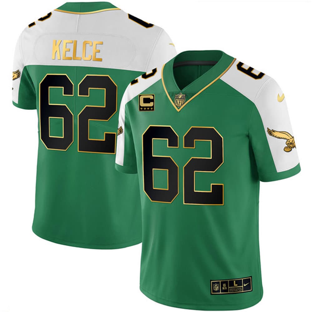 Men's Philadelphia Eagles #62 Jason Kelce Kelly Green Alternate Gold With 4-Star C Patch Vapor Limited Jersey