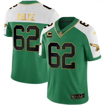 Men's Philadelphia Eagles #62 Jason Kelce Kelly Green Alternate Gold With 4-Star C Patch Vapor Limited Jersey