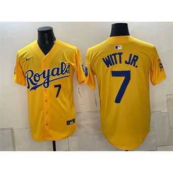 Men's Kansas City Royals #7 Bobby Witt Jr. Gold Sluggerrr Patch Vapor Limited Jersey
