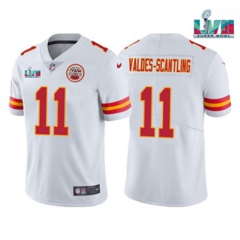 Men's Kansas City Chiefs #11 Marquez Valdes-Scantling White Super Bowl LVII Patch Vapor Untouchable Limited Stitched Jersey Men's Kansas City Chiefs #11 Marquez Valdes-Scantling White Super Bowl LVII Patch Vapor Untouchable Limited Stitched Jersey