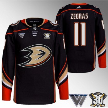 Men's Anaheim Ducks #11 Trevor Zegras Black 30th Anniversary Stitched Jersey