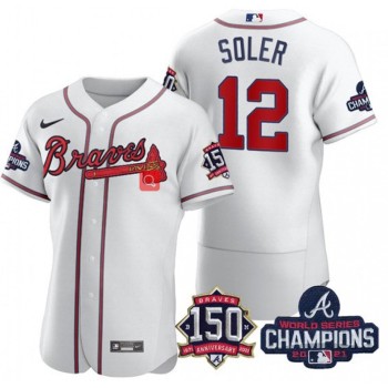 Men's Atlanta Braves #12 Jorge Soler 2021 White World Series Champions With 150th Anniversary Flex Base Stitched Jersey
