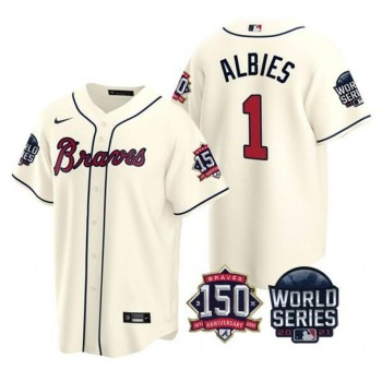 Men's Atlanta Braves #1 Ozzie Albies 2021 Cream World Series With 150th Anniversary Patch Cool Base Stitched Jersey