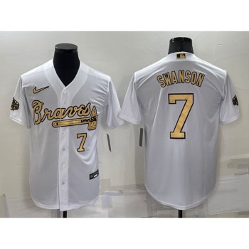 Men's Atlanta Braves #7 Dansby Swanson 2022 All-Star White Cool Base Stitched Baseball Jersey