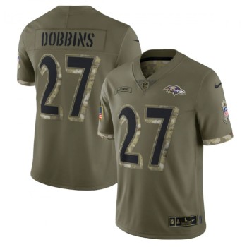 Men's Baltimore Ravens #27 J.K. Dobbins Olive 2022 Salute To Service Limited Stitched Jersey Men's Baltimore Ravens #27 J.K. Dobbins Olive 2022 Salute To Service Limited Stitched Jersey