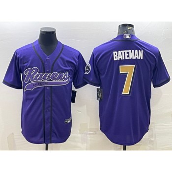 Men's Baltimore Ravens #7 Rashod Bateman Purple Gold With Patch Cool Base Stitched Baseball Jersey Men's Baltimore Ravens #7 Rashod Bateman Purple Gold With Patch Cool Base Stitched Baseball Jersey