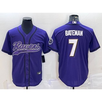 Men's Baltimore Ravens #7 Rashod Bateman Purple With Patch Cool Base Stitched Baseball Jersey Men's Baltimore Ravens #7 Rashod Bateman Purple With Patch Cool Base Stitched Baseball Jersey