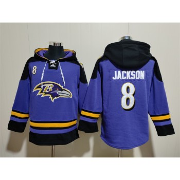 Men's Baltimore Ravens #8 Lamar Jackson Ageless Must-Have Lace-Up Pullover Hoodie Men's Baltimore Ravens #8 Lamar Jackson Ageless Must-Have Lace-Up Pullover Hoodie