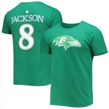 Men's Baltimore Ravens #8 Lamar Jackson Green St. Patrick's Day Icon Player T-Shirt