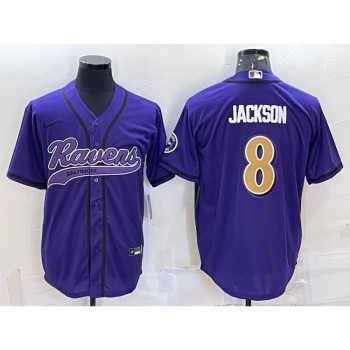 Men's Baltimore Ravens #8 Lamar Jackson Purple Gold With Patch Cool Base Stitched Baseball Jersey Men's Baltimore Ravens #8 Lamar Jackson Purple Gold With Patch Cool Base Stitched Baseball Jersey