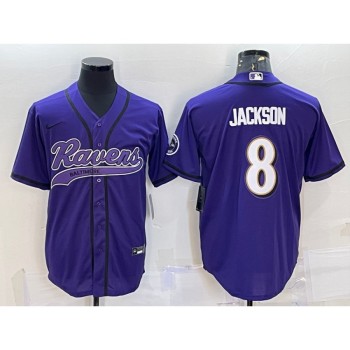 Men's Baltimore Ravens #8 Lamar Jackson Purple With Patch Cool Base Stitched Baseball Jersey Men's Baltimore Ravens #8 Lamar Jackson Purple With Patch Cool Base Stitched Baseball Jersey