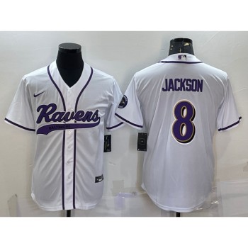 Men's Baltimore Ravens #8 Lamar Jackson White With Patch Cool Base Stitched Baseball Jersey Men's Baltimore Ravens #8 Lamar Jackson White With Patch Cool Base Stitched Baseball Jersey