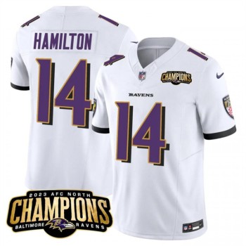 Men's Baltimore Ravens #14 Kyle Hamilton White 2023 F.U.S.E. AFC North Champions Vapor Limited Football Jersey Men's Baltimore Ravens #14 Kyle Hamilton White 2023 F.U.S.E. AFC North Champions Vapor Limited Football Jersey