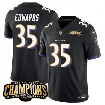 Men's Baltimore Ravens #35 Gus Edwards Black 2023 F.U.S.E. AFC North Champions Vapor Limited Football Jersey Men's Baltimore Ravens #35 Gus Edwards Black 2023 F.U.S.E. AFC North Champions Vapor Limited Football Jersey