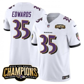 Men's Baltimore Ravens #35 Gus Edwards White 2023 F.U.S.E. AFC North Champions Vapor Limited Football Jersey Men's Baltimore Ravens #35 Gus Edwards White 2023 F.U.S.E. AFC North Champions Vapor Limited Football Jersey