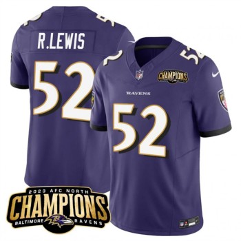 Men's Baltimore Ravens #52 Ray Lewis Purple 2023 F.U.S.E. AFC North Champions Vapor Limited Football Jersey Men's Baltimore Ravens #52 Ray Lewis Purple 2023 F.U.S.E. AFC North Champions Vapor Limited Football Jersey