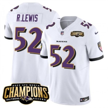 Men's Baltimore Ravens #52 Ray Lewis White 2023 F.U.S.E. AFC North Champions Vapor Limited Football Jersey Men's Baltimore Ravens #52 Ray Lewis White 2023 F.U.S.E. AFC North Champions Vapor Limited Football Jersey