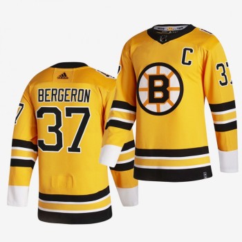 Men's Boston Bruins #37 Patrice Bergeron 2020-21 Yellow Reverse Retro Stitched Jersey Men's Boston Bruins #37 Patrice Bergeron 2020-21 Yellow Reverse Retro Stitched Jersey