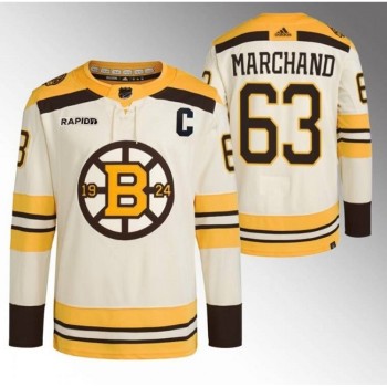 Men's Boston Bruins #63 Brad Marchand Cream With Rapid7 Patch 100th Anniversary Stitched Jersey Men's Boston Bruins #63 Brad Marchand Cream With Rapid7 Patch 100th Anniversary Stitched Jersey