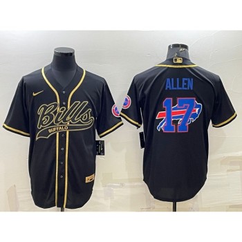 Men's Buffalo Bills #17 Josh Allen Black Gold Team Big Logo With Patch Cool Base Stitched Baseball Jersey Men's Buffalo Bills #17 Josh Allen Black Gold Team Big Logo With Patch Cool Base Stitched Baseball Jersey