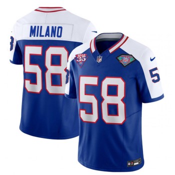 Men's Buffalo Bills #58 Matt Milano Blue/White 35th And 75th Patch 2023 F.U.S.E. Throwback Vapor Untouchable Limited Stitched Jersey Men's Buffalo Bills #58 Matt Milano Blue/White 35th And 75th Patch 2023 F.U.S.E. Throwback Vapor Untouchable Limited Stitched Jersey