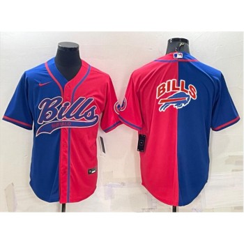 Men's Buffalo Bills Blank Royal/Red Split Team Big Logo With Patch Cool Base Stitched Baseball Jersey Men's Buffalo Bills Blank Royal/Red Split Team Big Logo With Patch Cool Base Stitched Baseball Jersey