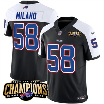 Men's Buffalo Bills #58 Matt Milano Black/White 2023 F.U.S.E. AFC East Champions Ptach Stitched Football Jersey Men's Buffalo Bills #58 Matt Milano Black/White 2023 F.U.S.E. AFC East Champions Ptach Stitched Football Jersey