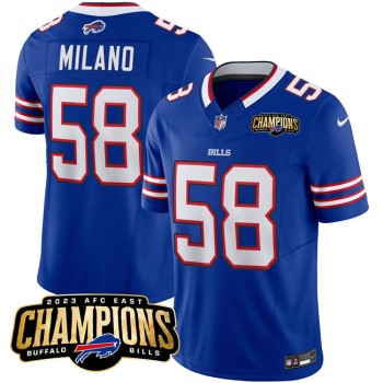 Men's Buffalo Bills #58 Matt Milano Blue 2023 F.U.S.E. AFC East Champions Ptach Stitched Football Jersey Men's Buffalo Bills #58 Matt Milano Blue 2023 F.U.S.E. AFC East Champions Ptach Stitched Football Jersey